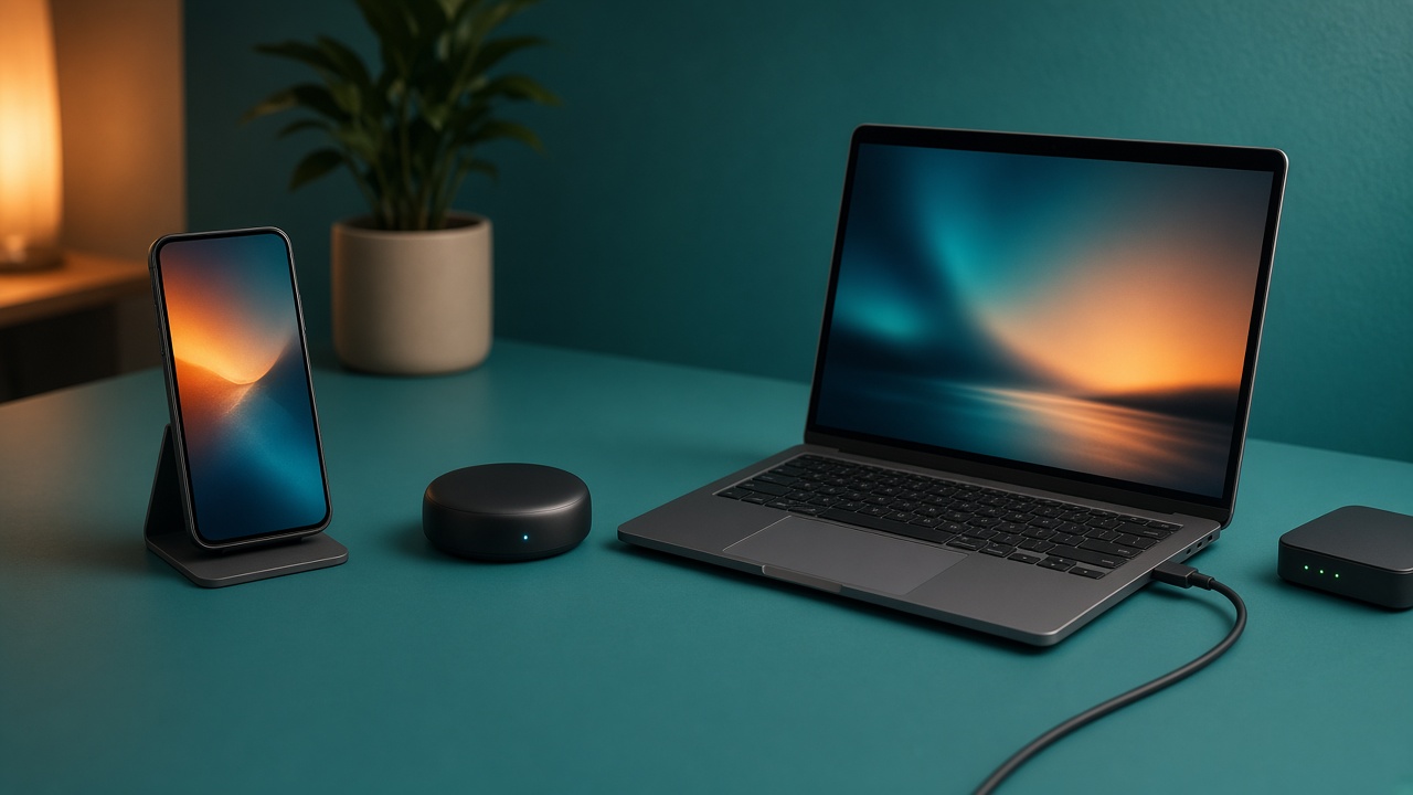 A phone, a laptop, and a small router on a desk, only the laptop open
